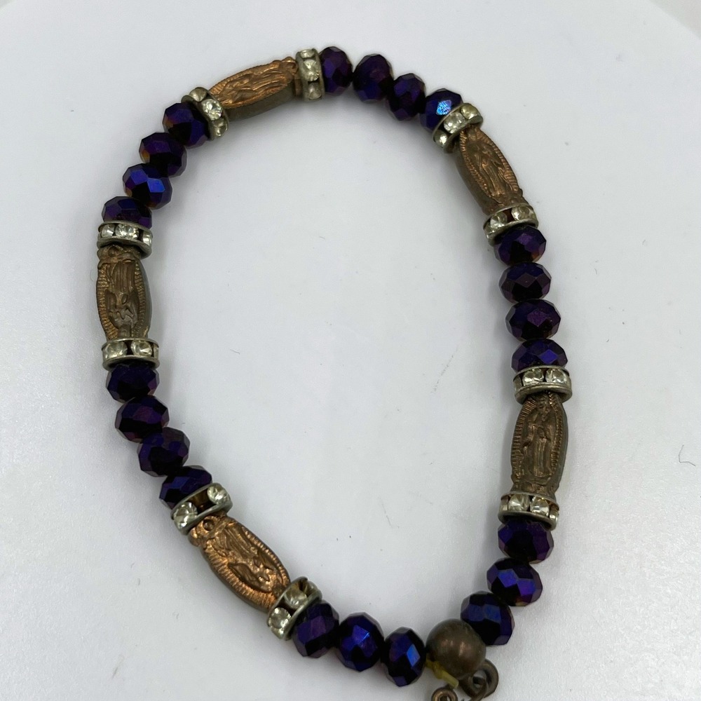 Vintage Purple Faceted Bead Bracelet Religious Medal Charm‎ Rhinestone Spacer